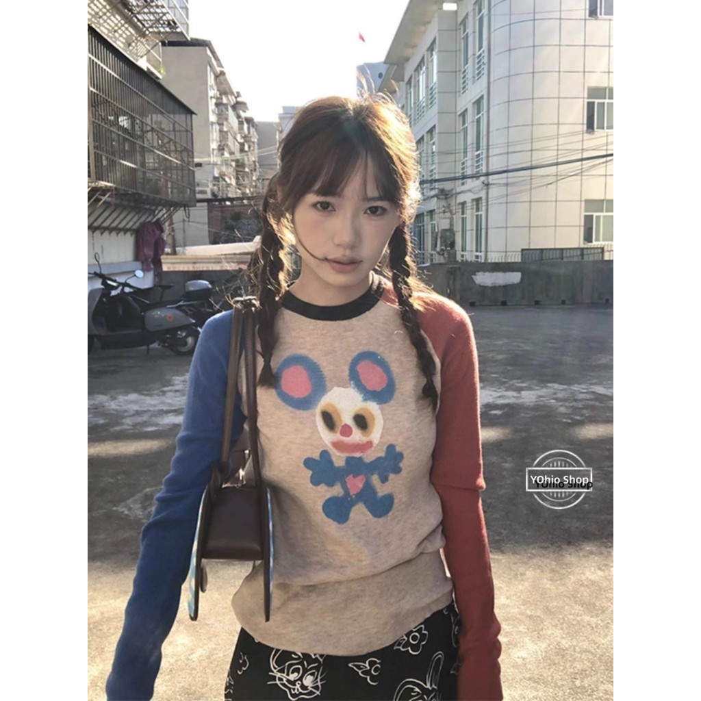 เสื้อยืดแขนยาวกํามะหยี่ลายการ์ตูนสไตล์อเมริกันสําหรับผู้หญิง