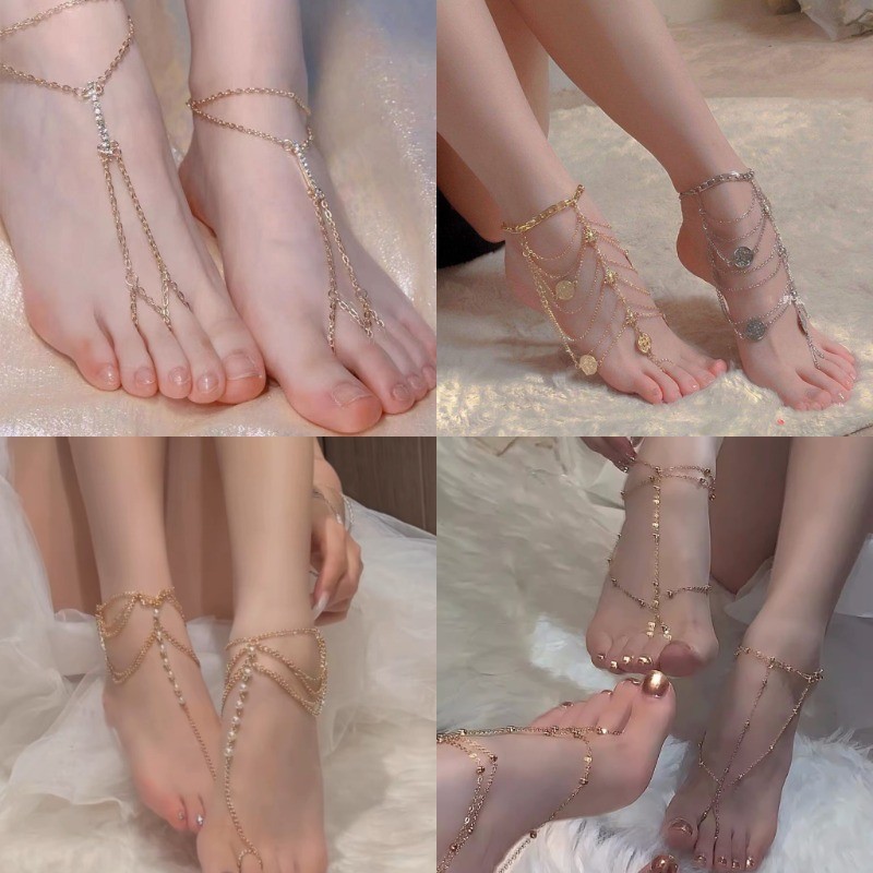 Exotic Charm Gold Silver พู่โซ่สร้อยข้อเท้าสําหรับผู้หญิง Multilayer เลียนแบบ Pearl Anklet เครื่องประดับ