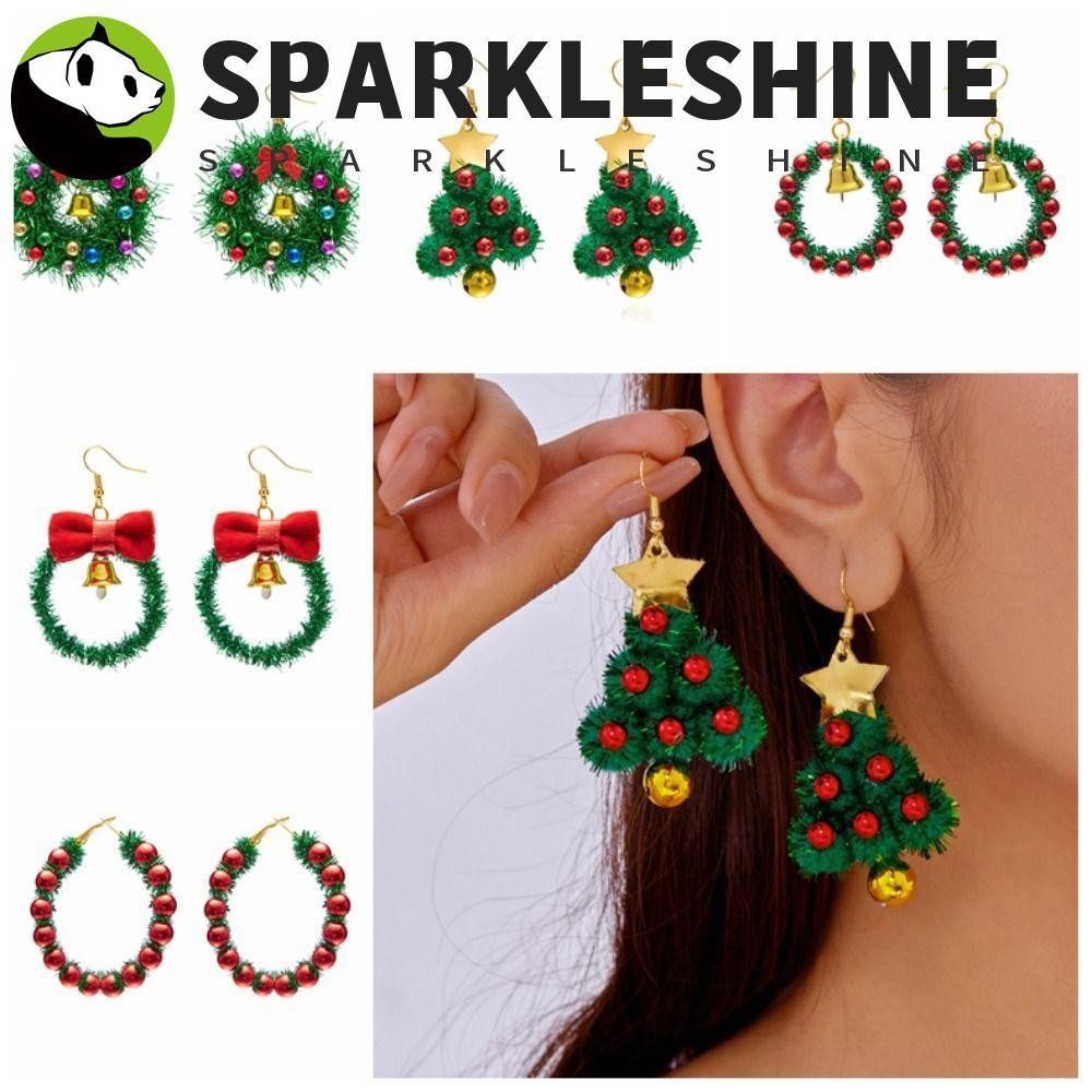 Sparkleshine ต่างหูคริสต์มาส 1 คู่, ต่างหูพวงหรีดกระดิ่งต้นคริสต์มาส, เครื่องประดับดาวกุทัณฑ์หวาน Xmas Dangle ต่างหูผู้หญิง