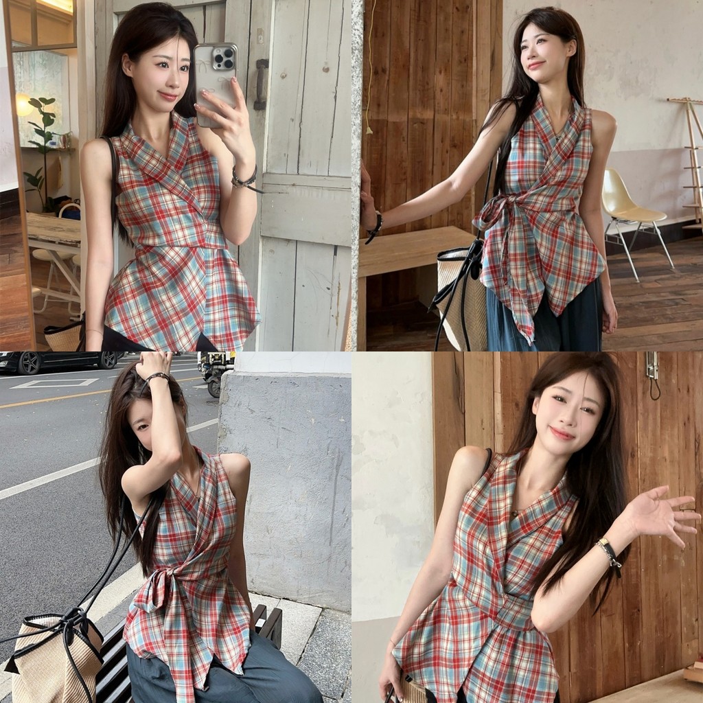 Kayla เสื้อกล้าม คอวี ดรเทลบายสก็อต ผูกหลัง เสื้อแขนกุด สไตล์ลำลอง เกาหลี ทรงสวย แฟชั่น#56205