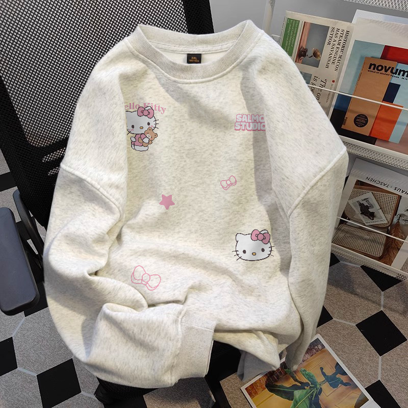 2025 ใหม่ญี่ปุ่นหวานสไตล์วิทยาลัยขนาดใหญ่หลวมน่ารัก Hello Kitty พิมพ์เสื้อคอกลม