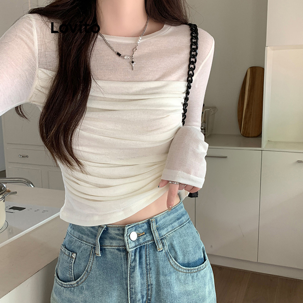 Lovito เสื้อยืดเย็บผ้าธรรมดาสบาย ๆ สำหรับผู้หญิง LNE73574