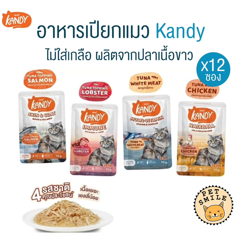 [ ยกโหล 12ซอง ] Kandy แคนดี้ อาหารเปียกแมว ไม่เติมเกลือ ผลิตจากปลาเนื้อขาวเน้นๆ ขนาด 70 กรัม