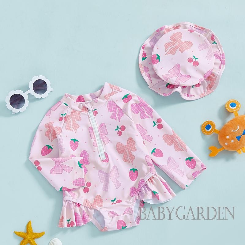 //-6Month-3Years เด็กทารก Rash Guard ชุดว่ายน้ําพร้อมหมวก Bow รูปแบบ Zip Up แขนยาวลูกเรือคอชุดว่ายน้ํา