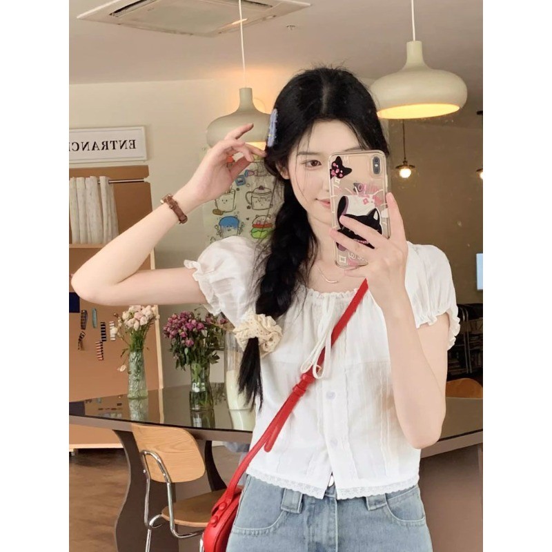 🧡LINNA🧡คอกลม ลูกไม้ คอกลม แขนสั้น เสื้อเชิ้ต