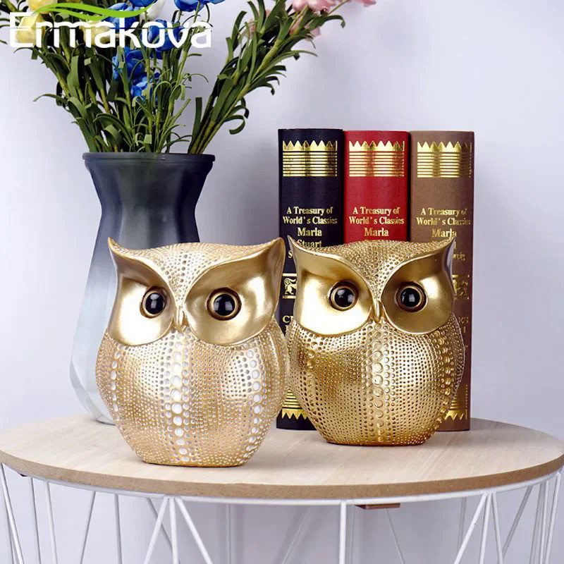 ERMAKOVA 16cm Nordic Golden Owl Statue Figurine Resin Animal Sculpture Crafts Home Living Room Offic