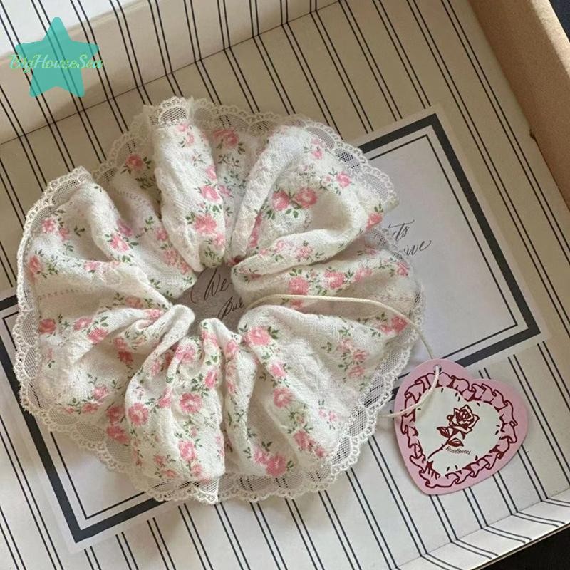 [BigHouseSea] หวานน่ารักดอกไม้พิมพ์วงผมยืดหยุ่นสําหรับผู้หญิงสาวแฟชั่นลูกไม้ผม Scrunchies อุปกรณ์เสริมผมน่ารัก Headwear ใหม่