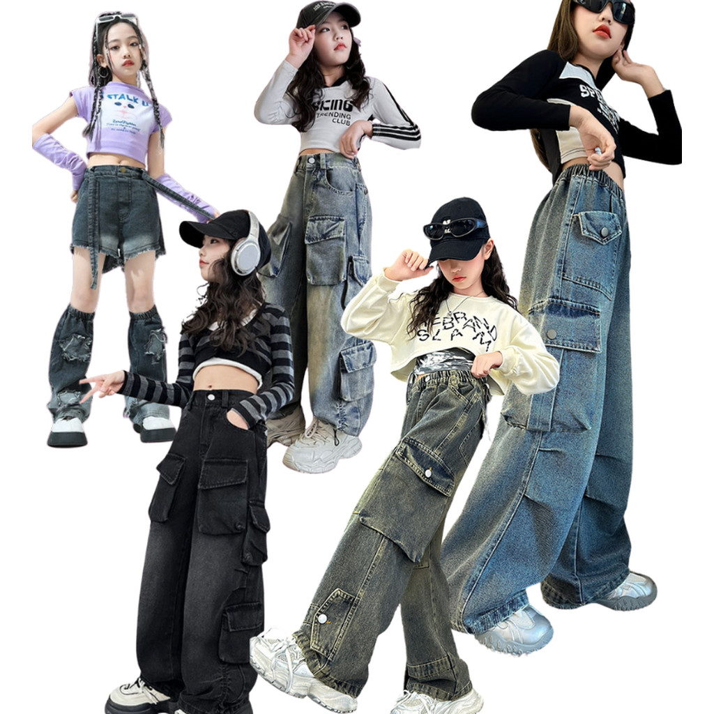 ชุดเต้น Coverdance เสื้อครอป แมว พร้อมปลอกแขน / กางเกงยีนส์คาร์โก้