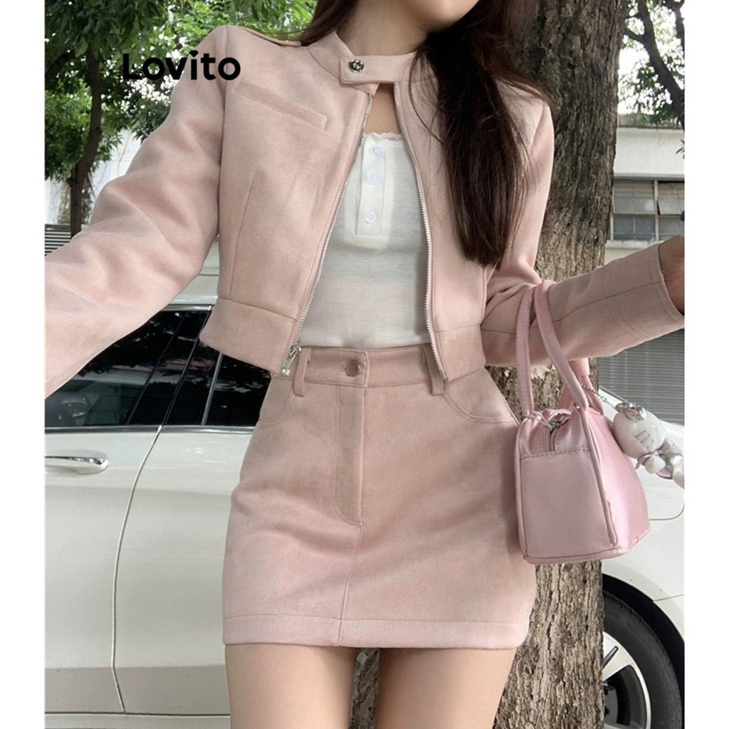 Lovito เสื้อแจ็คเก็ตลายธรรมดาสำหรับผู้หญิง LNA72794