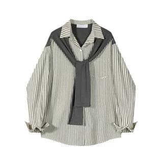 [เสื้อเชิ้ตโอเวอร์ไซส์] (40-150 กก.) เสื้อยืดลายทางสองชิ้นปลอม พลัสไซส์ ดีไซน์ผ้าคลุมไหล่ เสื้อแขนยาว Plus Size Women