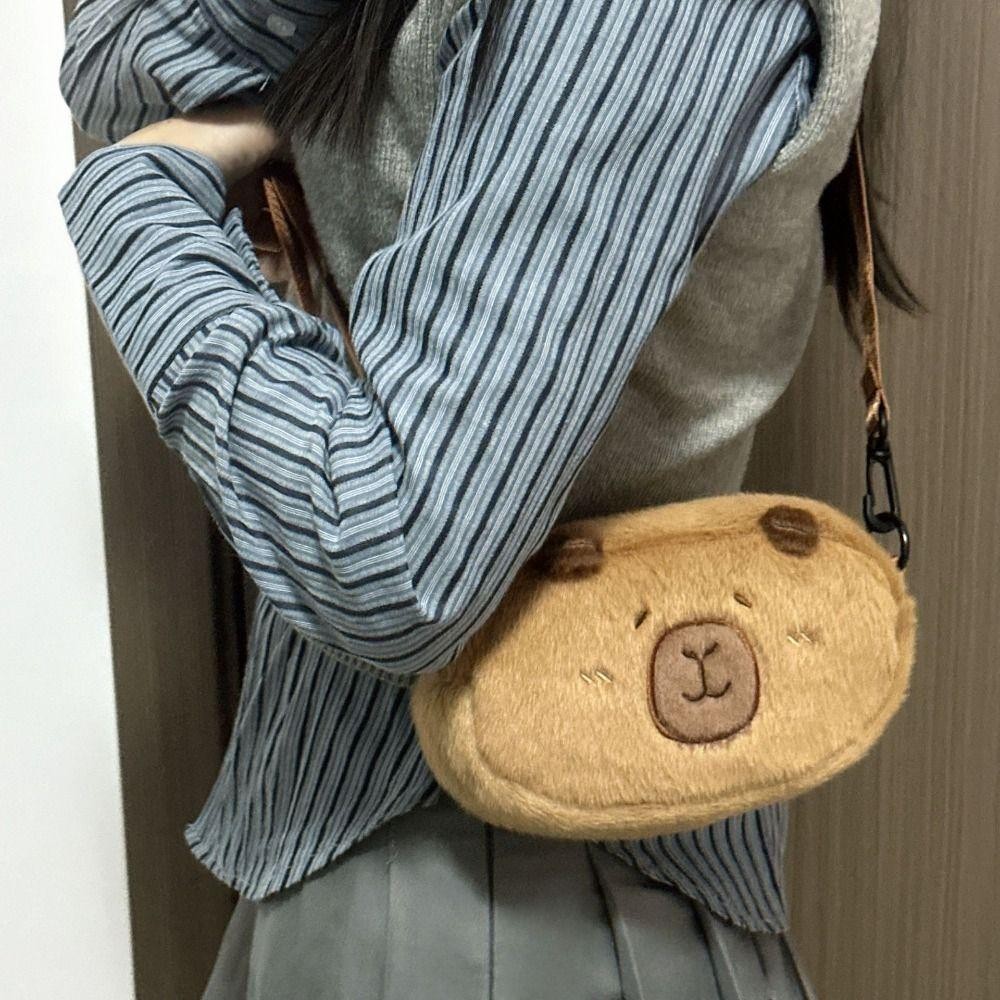 Jeremy1 Capybara Plush Crossbody Bag,สองด้าน Kawaii French Bread Capibara Bag,แบบพกพา Creative Coin Pouch Soft Fluffy Animal กระเป๋าถือเด็ก