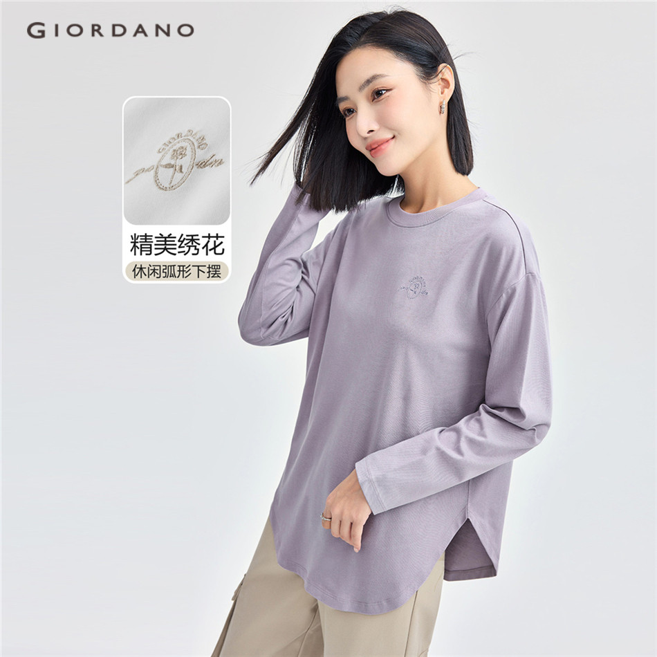GIORDANO WOMEN 100% Cotton flower embroidery long sleeve tee 05324858