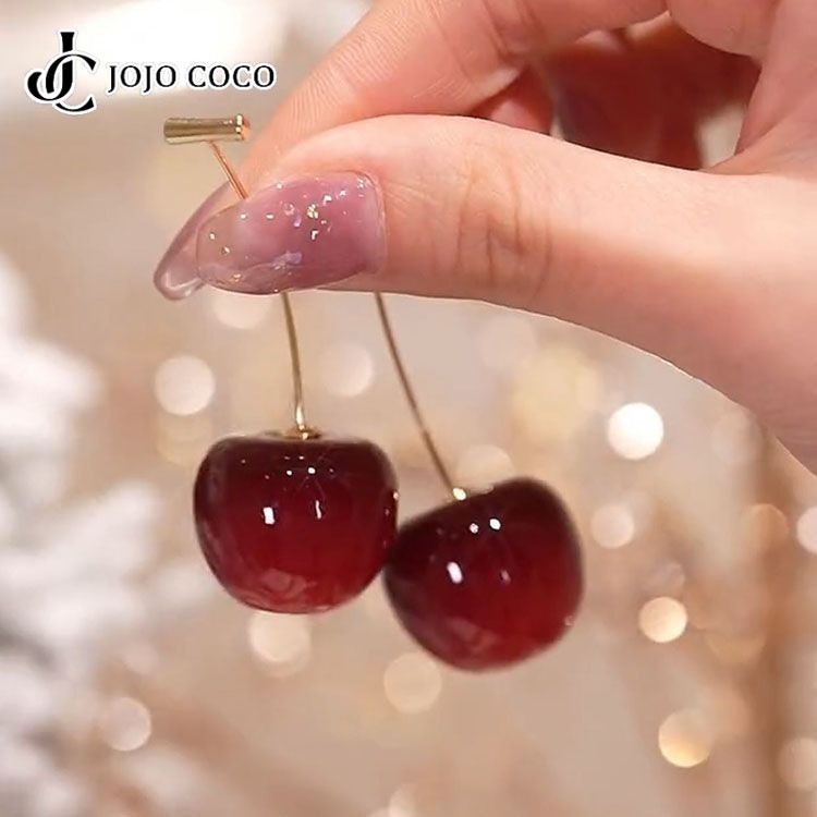 โจโจ้ โกโก้ ต่างหูเชอร์รี่หวานสไตล์เกาหลีสําหรับผู้หญิงสาวต่างหูหล่นเชอร์รี่ยาว