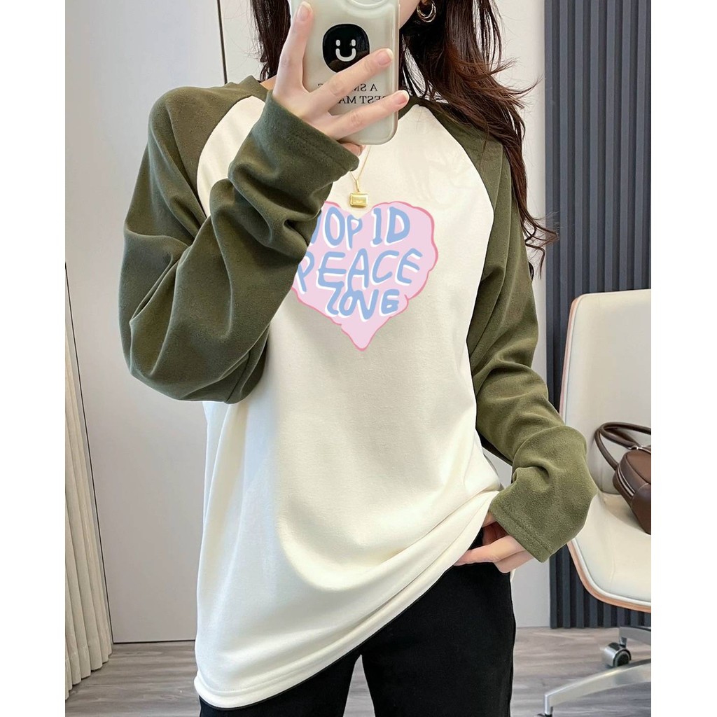 Fairy เสื้อยืดแขนยาว คอกลม ทรงหลวมขนาดใหญ่ สีพื้น พิมพ์ลายหัวใจน่ารัก แฟชั่นฤดูใบไม้ผลิและฤดูใบไม้ร่วง #B016