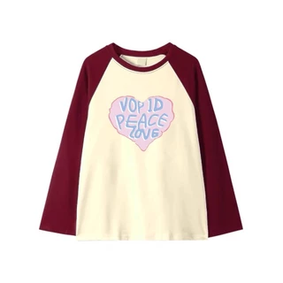 Alva เสื้อยืดแขนยาว คอกลม ทรงหลวมขนาดใหญ่ สีพื้น พิมพ์ลายหัวใจน่ารัก แฟชั่นฤดูใบไม้ผลิและฤดูใบไม้ร่วง #B016