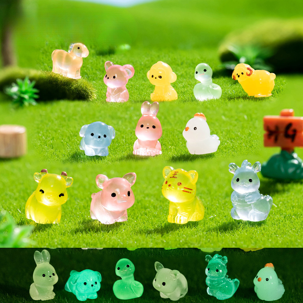 12 ชิ้น/เซ็ต Mini Luminous สัตว์ Miniatures 12 Zodiac Glow in Dark เรซิ่นเครื่องประดับ Fairy ตกแต่งสวน Micro ภูมิทัศน์
