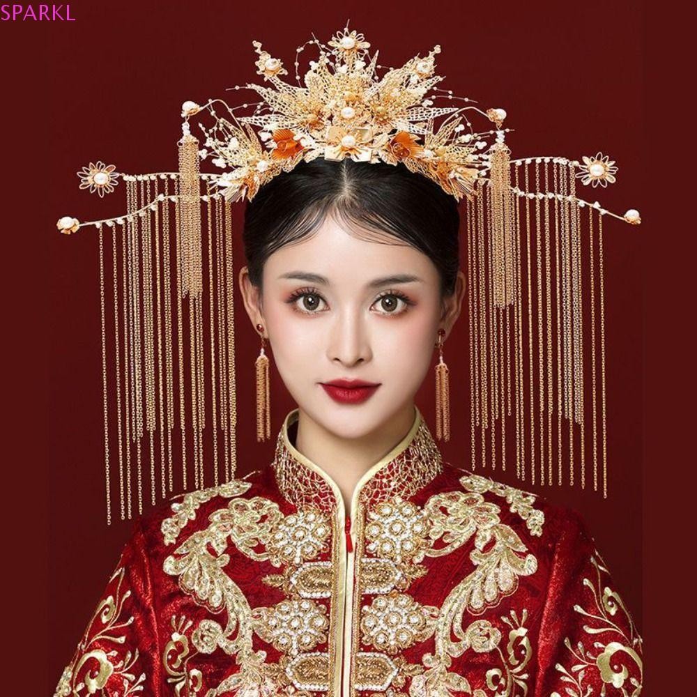 Sparklenova มงกุฎผมเจ้าสาว, ดอกไม้หรูหรามงกุฎผมแต่งงาน, สไตล์จีนโบราณอัญมณีพู่ผู้หญิง Hanfu กิ๊บติดผมพร้อมคลิปหู