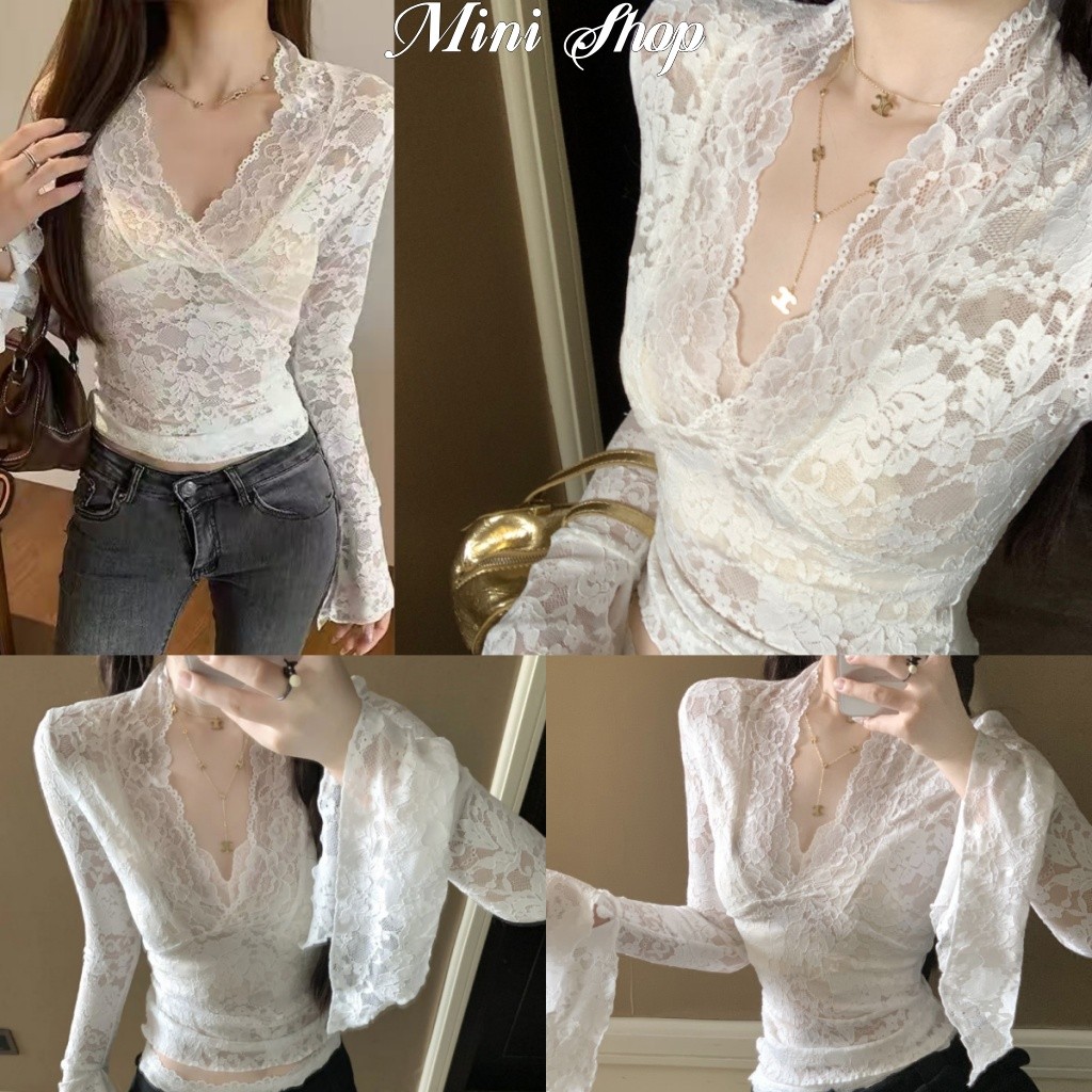 Mini shop พร้อมส่ง(FY2019)เสื้อลูกไม้แขนยาว คอวี น่ารักสไตล์เกาหลี สีขาวเรียบหรูดูแพง เสื้อแขนยาว