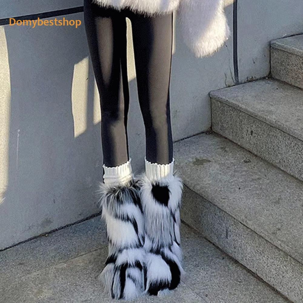 ผู้หญิง Furry Boots อบอุ่นสบาย Faux Fur Boots Snow Boots รองเท้าส้นแบนกลางแจ้ง [Domybestshop.th]