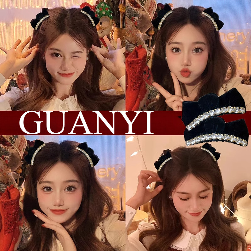 กิ๊บติดผมแบบหัวคลิปโบว์สีดำพร้อมพลอยเทียม