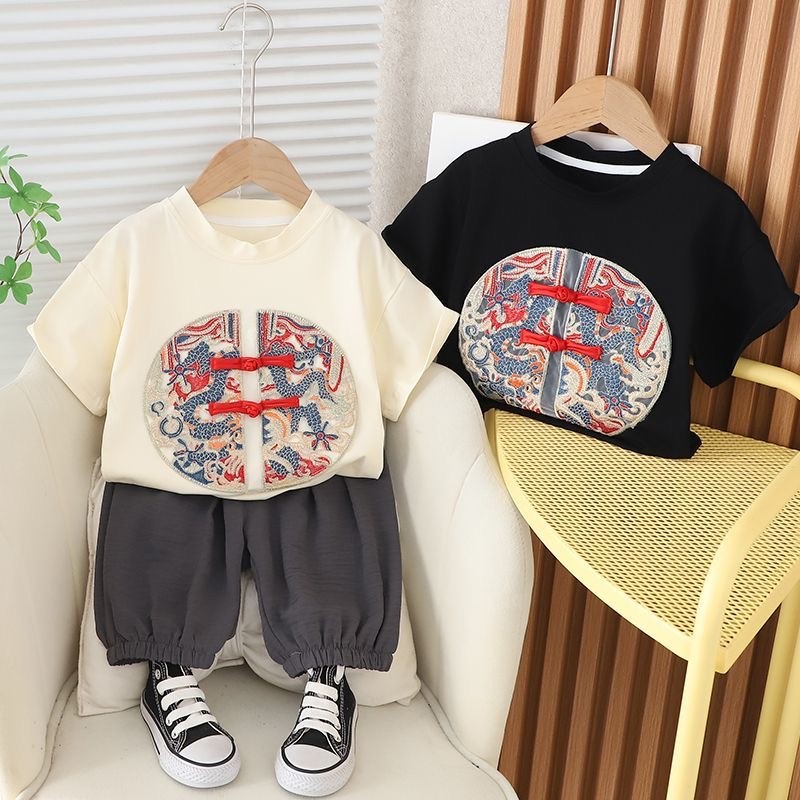 ฤดูร้อนใหม่เสื้อผ้าเด็กทารกใหม่จีนชุดแขนสั้น 7-48 เดือนบางระบายอากาศปักมังกรเสื้อผ้าออกนอกบ้าน