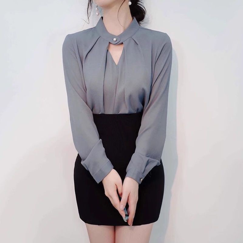 ฤดูใบไม้ร่วงและฤดูหนาวสีทึบผู้หญิงสํานักงานที่เรียบง่ายของผู้หญิงแขนยาวเสื้อยืดเต็มสบายๆด้านบน - รูปที่ 3