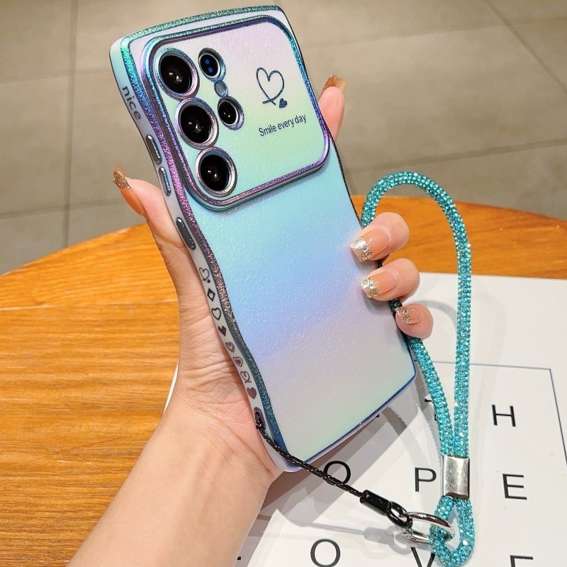 SAMSUNG เลเซอร์ไล่ระดับสีน่ารักรูปแบบคลื่นหัวใจรักGlitter LanyardสําหรับSamsung S25FE S25 Ultra Plus S24FE S24 S23 S22 Ultra Plus S23 FEเลนส์ป้องกันนุ่มกันกระแทก