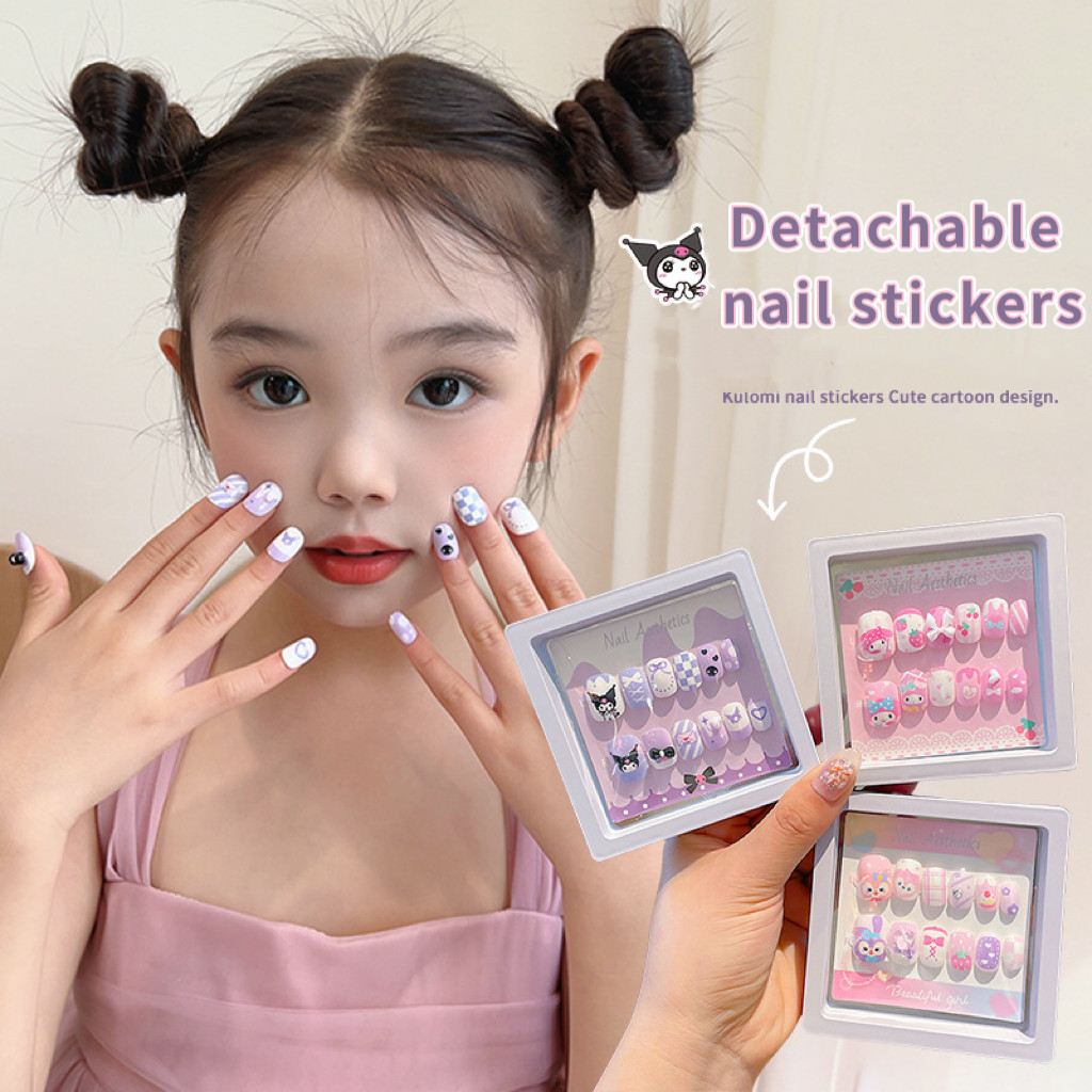 ตะปูสวมใส่สําหรับเด็ก ,พร้อมกาวเยลลี่, สติ๊กเกอร์ติดเล็บ Kuromi Melody Cinnamoroll ที่ถอดออกได้, การ์ตูนเจ้าหญิงสาว Sanrio