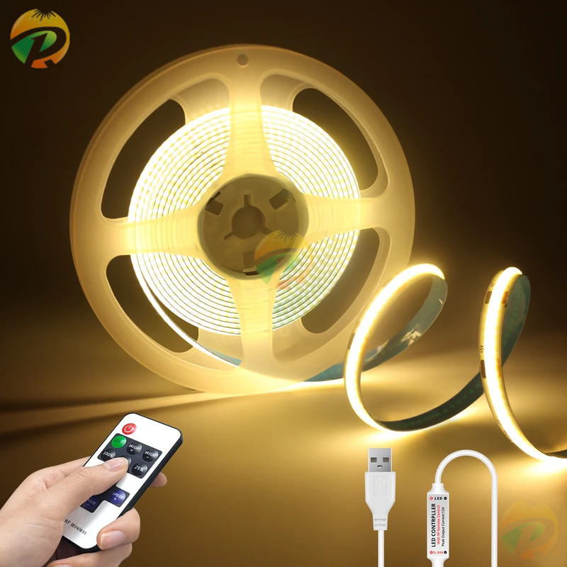 ไฟ LED แถบ COB DC5V พร้อมรีโมทควบคุม 2/3/5 เมตร สีขาว/อบอุ่นสำหรับตกแต่งตู้ในบ้าน