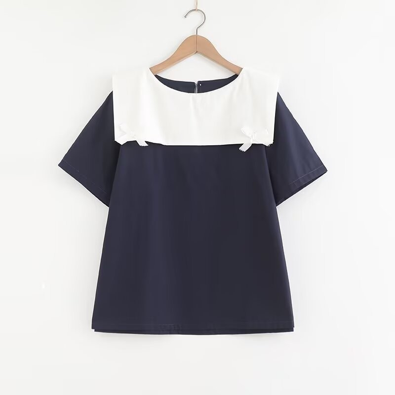 ที่มีคุณภาพสูงผู้หญิงผ้าฝ้ายเสื้อเสื้อ เจเค สไตล์ใหม่กองทัพเรือปกโบว์หลวมผู้หญิงแขนสั้นเสื้อฤดูร้อนเสื้อสาว - รูปที่ 3