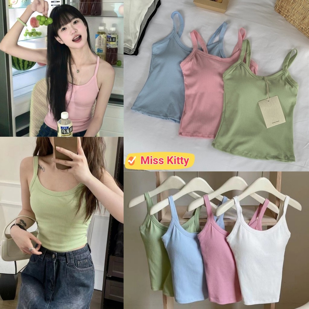 🎀Miss Kitty❤️พร้อมส่ง เสื้อสายเดี่ยว มีฟองน้ำในตัว สีพาสเทล "FY1019" -H