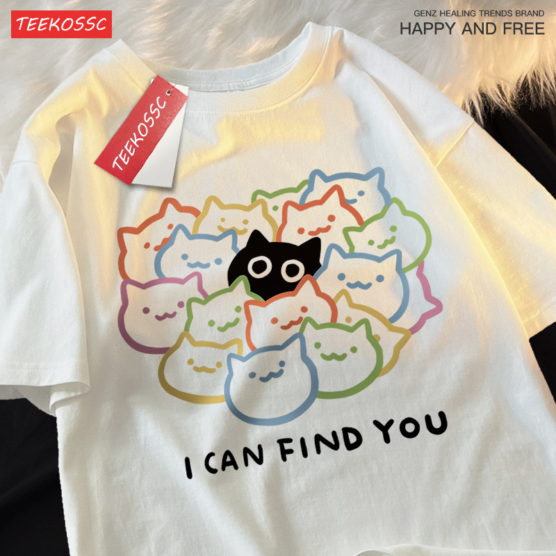 Brother Tops I Can Find You Fun Cat Tops Street Oversize Cotton Loose Short Sleeve Breathable Casual