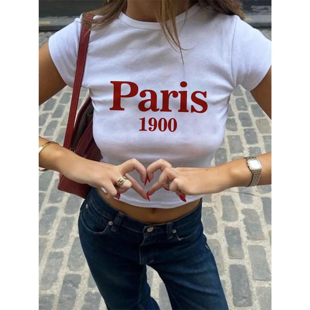 Hustlin เสื้อครอปน่ารัก เสื้อ baby tee ลาย Paris 1900 สไตล์วินเทจเกาหลี ผ้าคอตตอน 100% ใส่สบาย