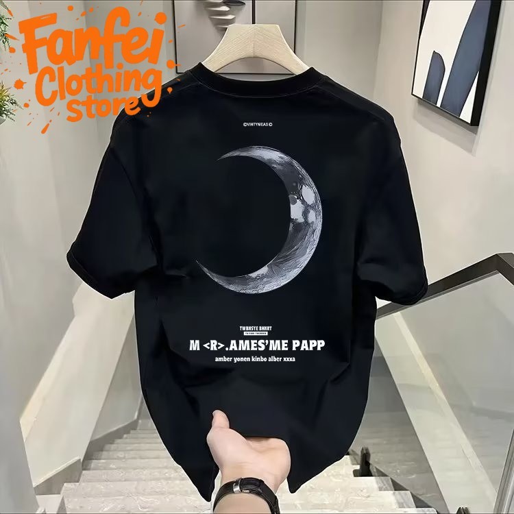 (จัดส่งตลอด 24 ชั่วโมง) เสื้อยืดคอกลม แขนสั้น ผ้าคอตตอนแบบนิ่มไม่ย้วย พิมพ์ลายพระจันทร์วินเทจเท่มากๆ  ผ้าฝ้ายนุ่ม