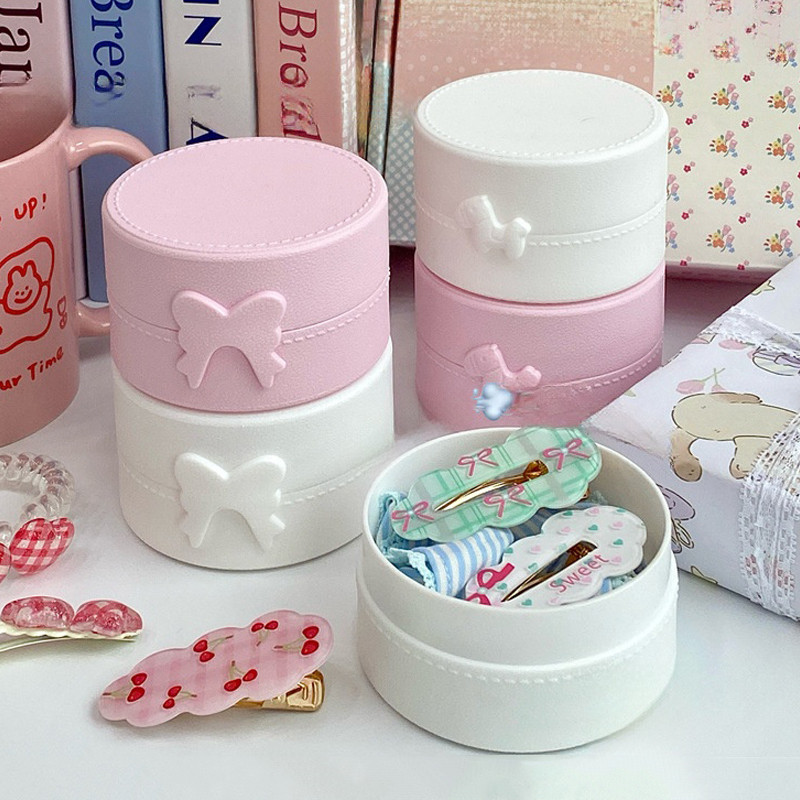 Bowknot กล่องเก็บของรอบสีชมพูสีขาวกันฝุ่นกล่อง Ins Hairpin Organizer