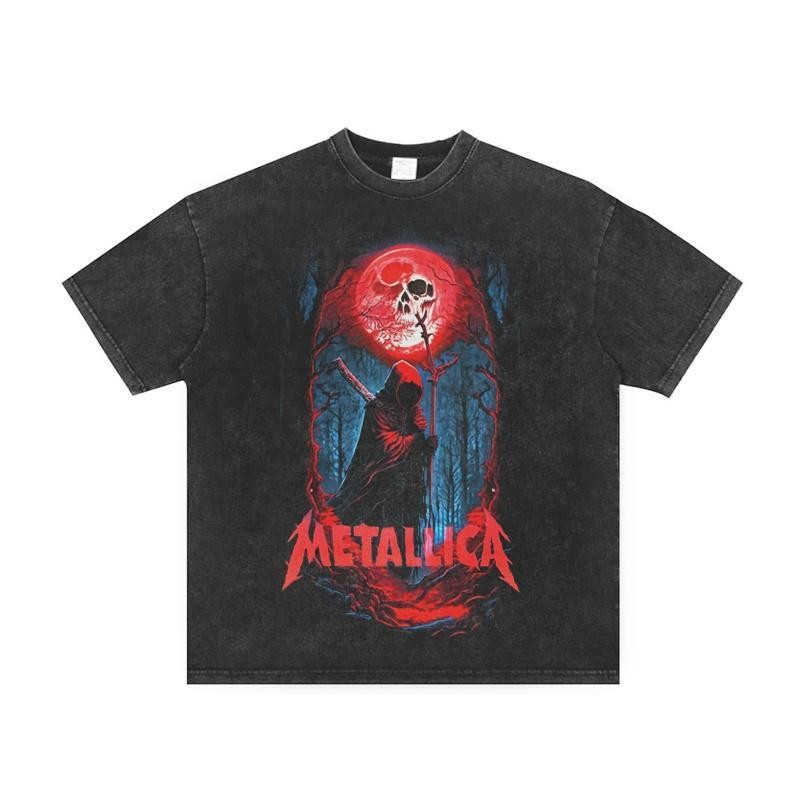 (จัดส่งตลอด 24 ชั่วโมง)เสื้อยืดฟอก เสื้อยืด Oversize เสื้อยืด Metallica ลายยมทูตแดงสุดเท่ ผ้าคอตตอน 100%