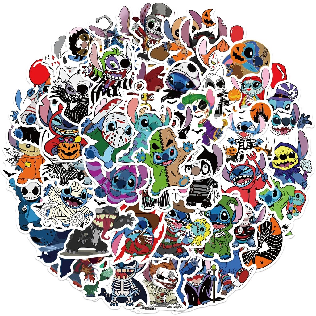 ✨พร้อมส่ง✨Cute cartoon การ์ตูน สติช Stitch sticker สติกเกอร์กันน้ำ Halloween สเก็ตบอร์ด 50ชิ้น