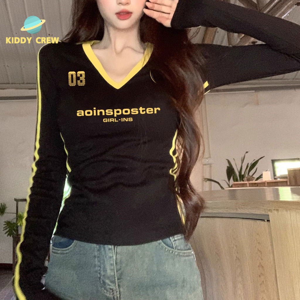 เสื้อยืดคอวีลายพิมพ์แขนยาว สไตล์เรียบง่าย สำหรับสาวชิค