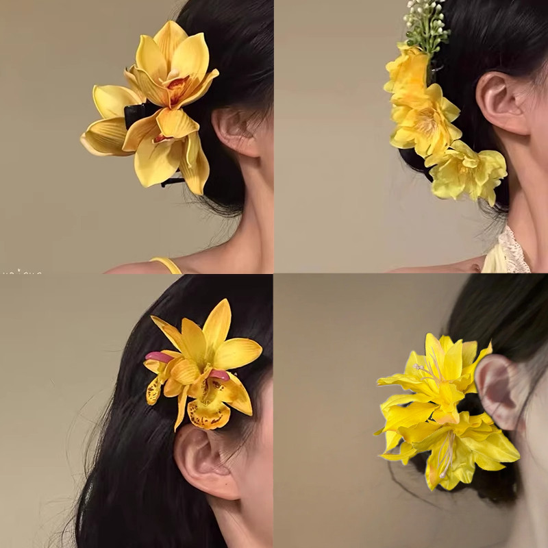 คอลเลกชันกิ๊บสปริงดอกไม้สีเหลือง! กิ๊บติดผมดอกไม้แฝดสีเหลืองสดใสหวานและน่ารักกิ๊บติดผมคลิปด้านข้าง