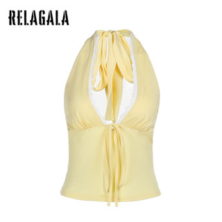 RELAGALA เสื้อกล้ามผู้หญิง 2025 ฤดูร้อนใหม่ สีทึบ V คอ แขนกุ…