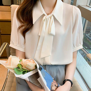 Rommers เสื้อเชิ้ตแขนสั้น เสื้อริบบิ้นสไตล์เกาหลี เสื้อสไตล์อ่อนโยน ชีฟอง สูงสุด