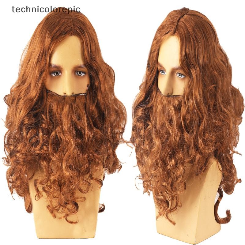 Technicolorepic ฮาโลวีนพระเยซูวิกผมเครื่องแต่งกาย Props ยาว Curled วิกผมตลกสีน้ําตาลวิกผมและเคราชุดสําหรับ Old Man คอสเพลย์ Props วิกผมสีน้ําตาล TRC