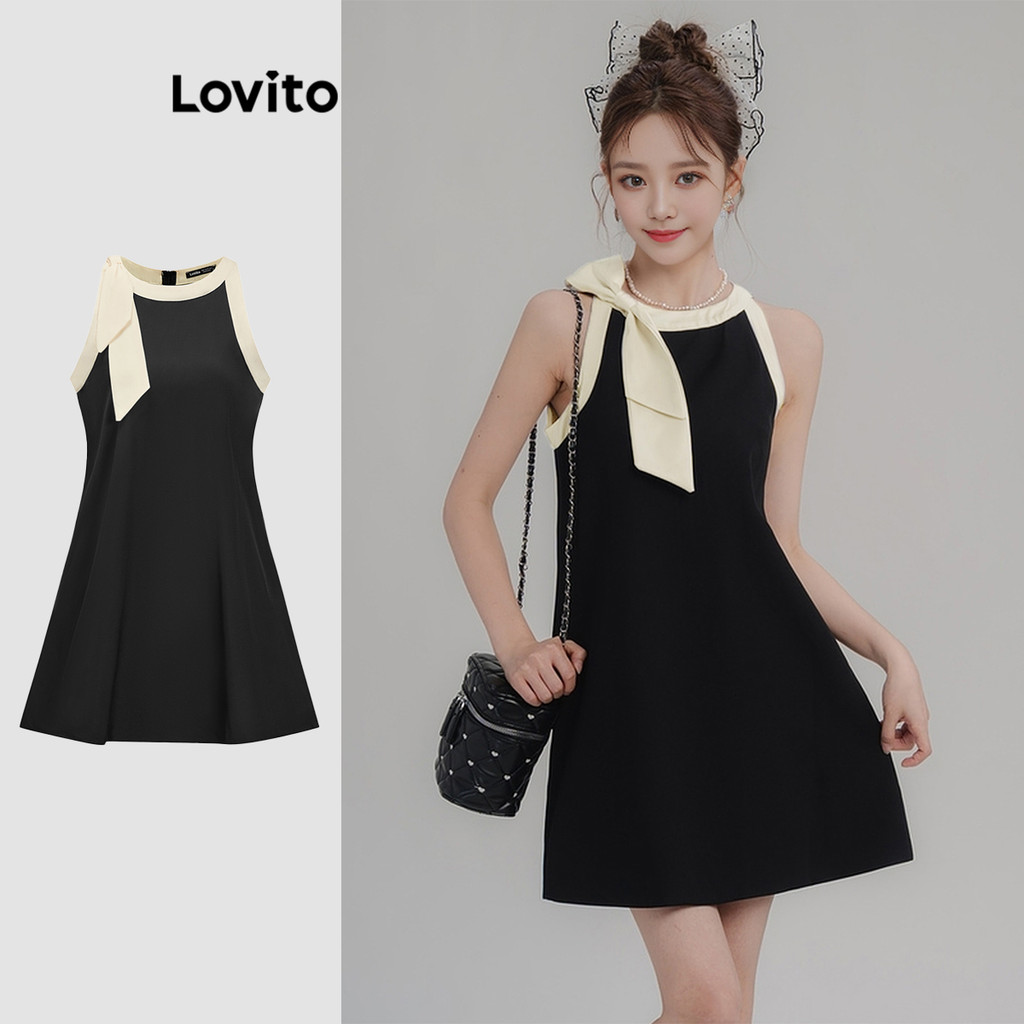 Lovito เดรสผู้หญิง แต่งโบว์ สีพื้น สไตล์โรแมนติก L90AD165