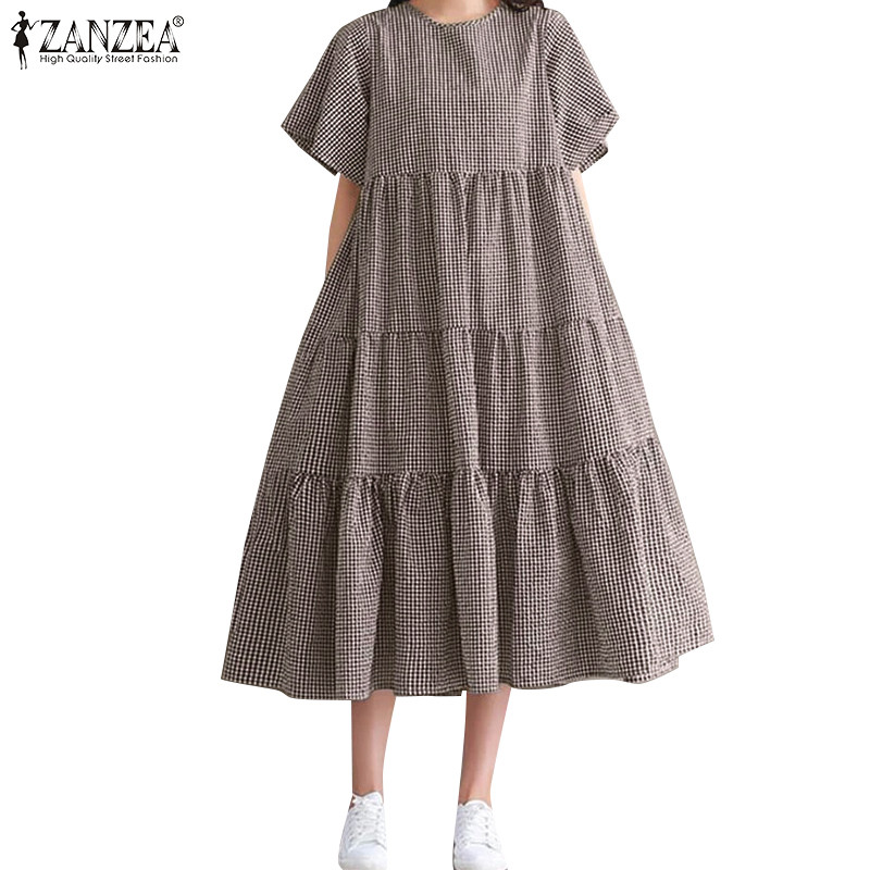 ZANZEA ซานเซีย ผู้หญิงเกาหลีลําลองคอกลมแขนสั้นชุดเดรสลายสก๊อตหลวม