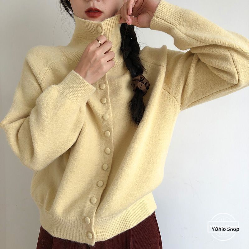 เสื้อคาร์ดิแกนถักคอสูงฤดูใบไม้ร่วงและฤดูหนาวของผู้หญิง
