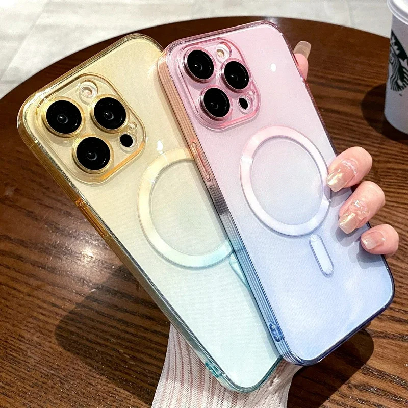 หรูหราไล่โทนสีรูปแบบกรณีชาร์จไร้สายสําหรับ ไอโฟน 11 12 13 14 15 16 มือโปร สูงสุด บวก นุ่มฝาครอบแม่เหล็กโปร่งใส