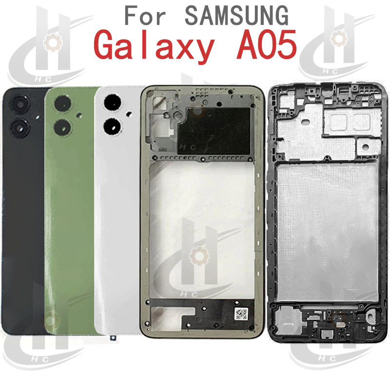 สําหรับ Samsung Galaxy A05 A055F แบตเตอรี่ฝาหลังกรอบกลาง + ปุ่ม + กรอบด้านหน้า LCD + เลนส์กรอบกล้อง