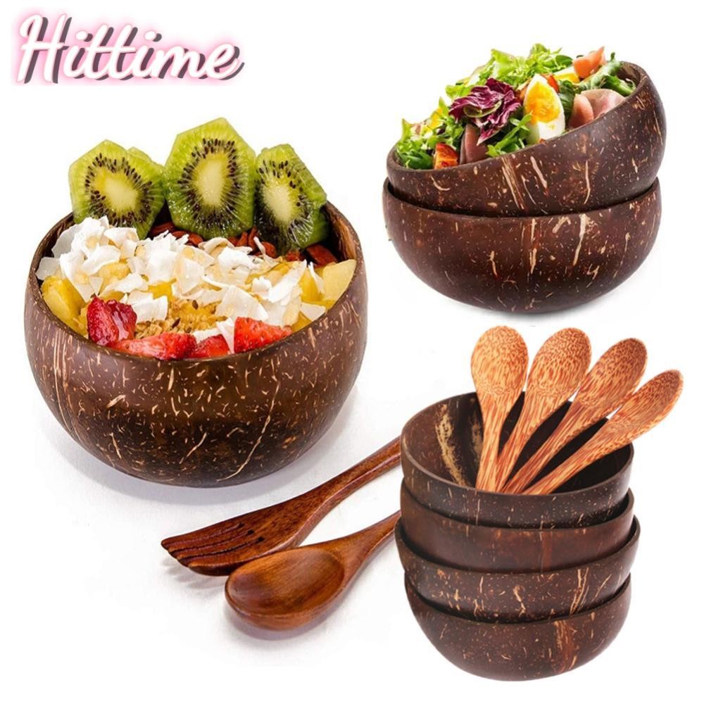 Hittime 12-14.5 ซม.มะพร้าวธรรมชาติชามและช้อน Creative ไม้สลัดผลไม้ Coco Smoothie Ramen ชามผสมชาม Hea