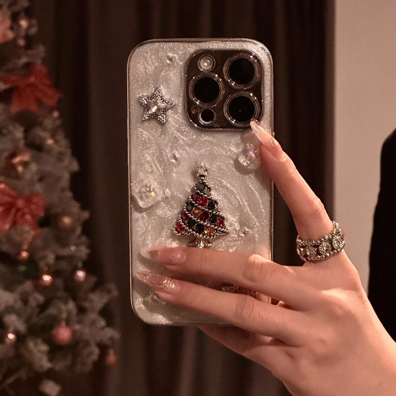 หรูหราelectroplated Droppingกาวสีสเตอริโอต้นคริสต์มาสเคสโทรศัพท์สําหรับiPhone16 15 14 13 12 11 Pro Maxกันกระแทกกล้องป้องกันDrop-proof Hardปกหลัง