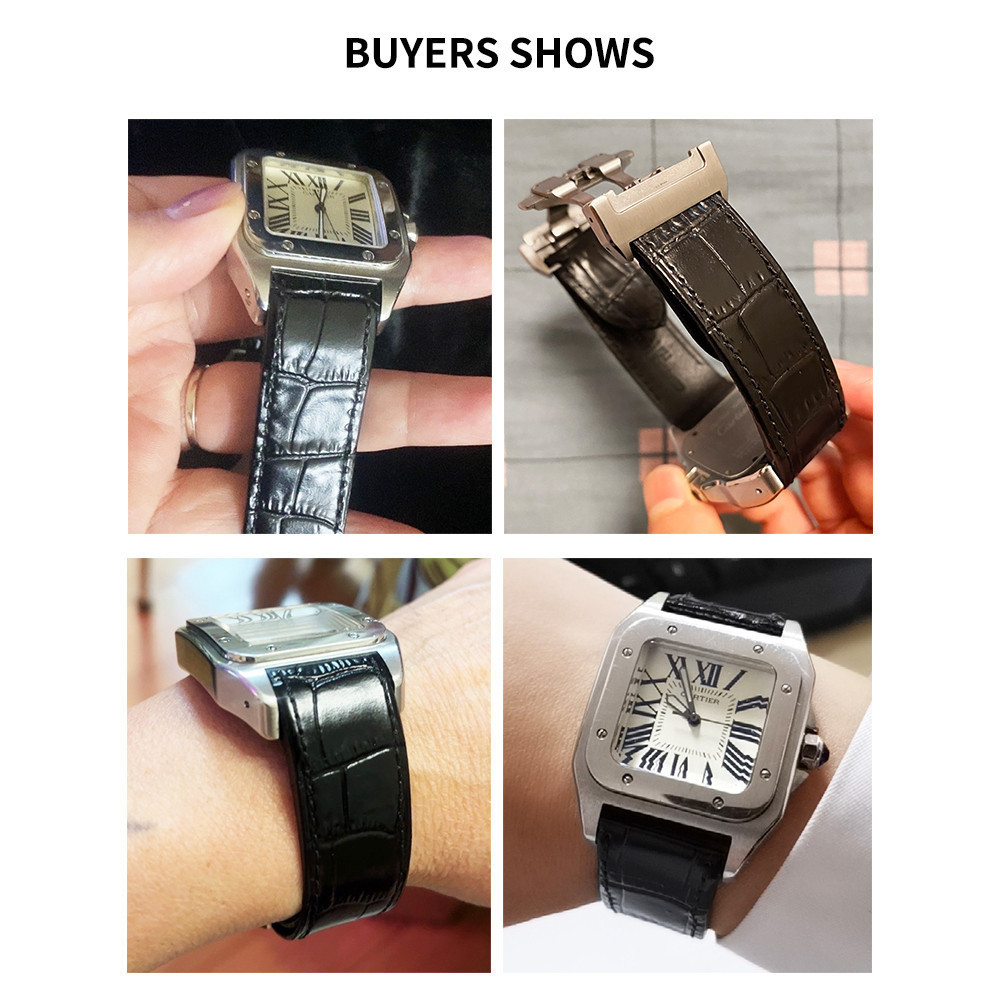 สายนาฬิกาสําหรับ Cartier Santos 100 ผู้ชายผู้หญิงคุณภาพสูงสายรัดหนังวัวพับหัวเข็มขัดสายนาฬิกาหนังแท้ 20 มม. 23 มม.